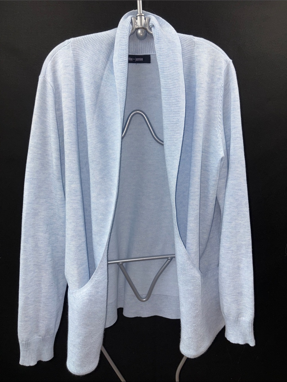 chloe + jasmine Baby Blue Open Cardigan Ruched Waffle Textured Cozy Size Medium